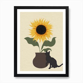 Vintage Minimal Art Cat And Sunflower Art Print