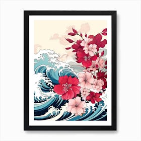 Great Wave With Hibiscus Flower Drawing In The Style Of Ukiyo E 4 Art Print