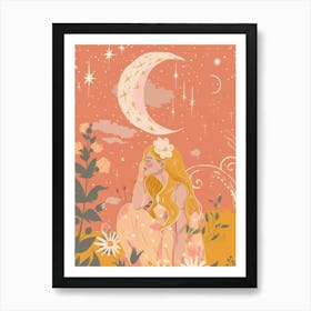 Moon And Stars women flower Art Print