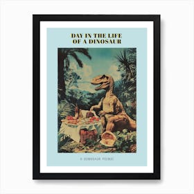 Dinosaur Having A Picnic Retro Collage 4 Poster Art Print