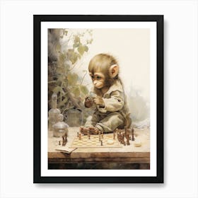 Monkey Painting Playing Chess Watercolour 1 Art Print