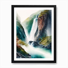 Nærøyfjord Waterfalls, Norway Water Colour  (1) Art Print