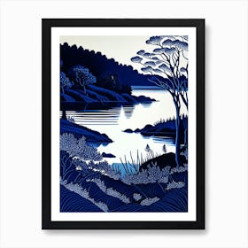 Blue Lake Landscapes Waterscape Linocut 2 Art Print