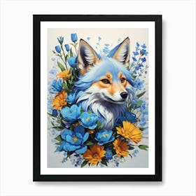 Blue Fox With Blue Flowers Print Art Print