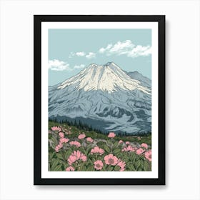 Mount St Helens Usa Color Line Drawing (3) Art Print