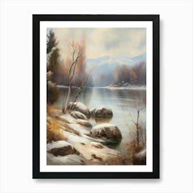 Ancient landscapes, old winter oil paintings and rocks around the lake bank. Snow is falling on the lake, old colors.12 1 Art Print