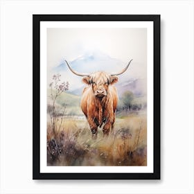 Curious Highland Cow In Field With Rolling Hills Watercolour 3 Art Print
