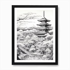 Chureito Pagoda In Yamanashi, Ukiyo E Black And White Line Art Drawing 2 Art Print