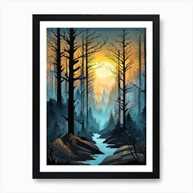 Forest At Sunset Vector Illustration, Forest, sunset,   Forest bathed in the warm glow of the setting sun, forest sunset illustration, forest at sunset, sunset forest vector art, sunset, forest painting, dark forest, landscape painting, nature vector art, Forest Sunset art, trees, pines, spruces, and firs, black, blue and yellow, forest water, water stream  Art Print