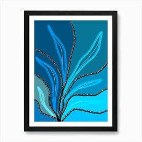 Blue Metalic Leaves Abstract Art Print