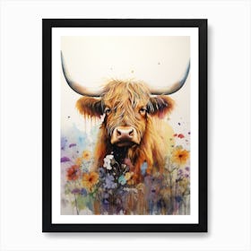 Colourful Paint Splash Of Highland Cow In Wildflower Field Art Print