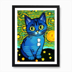 Blue Cat On Starry Night Art Print