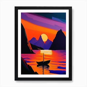 Boat And Mountain Sunset Art Print