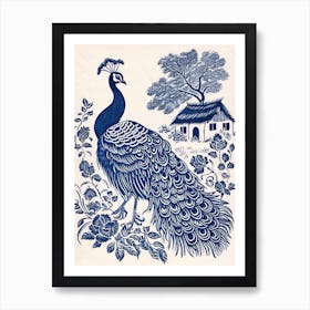Peacock By The Cottage Navy 2 Art Print
