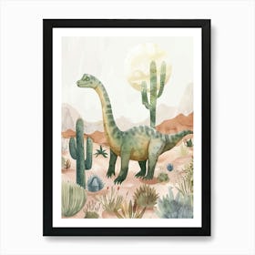 Dinosaur In The Desert With Cactus Storybook Watercolour 4 Art Print