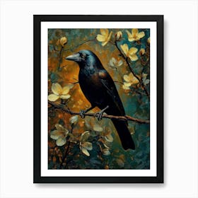 Crow and Blossoms Digital Wall Art - William Morris Elegant Oil Painting Style Artwork for Rustic and Nature-Inspired Decor Art Print