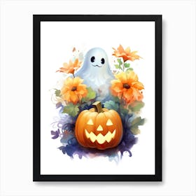 Cute Ghost With Pumpkins Halloween Watercolour 152 Art Print