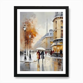 Paris cafes, winter season, Christmas, autumn oil colors, pale colors, pedestrians in the street, winter clothes, falling snow.Christmas decorations.15 1 Art Print