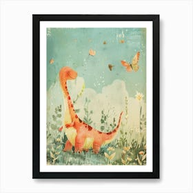 Dinosaur Playing With Butterflies Storybook Style Art Print