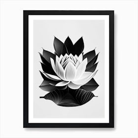 Blooming Lotus Flower In Pond Black And White Geometric 1 Art Print