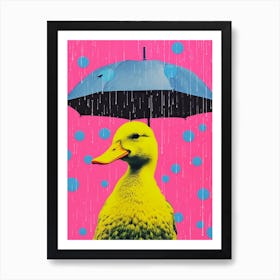 Pink Yellow & Blue Duckling In The Rain 2 Art Print