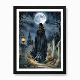 A Witch in a Gothic Graveyard on a Full Moon - A Witchy Woman in Beautiful Black Lace Cloak Drawn to a Gothic Graveyard on a Full Moon Witchcraft Art for Spooky Cute Goth Girl Pagan Wicca Creepy Fairytale Magick Zodiax Feature Gallery Wall Cemetery Lover HD Art Print