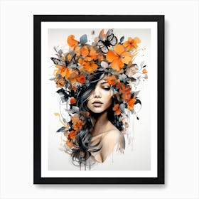 portrait illustration of woman with flowers 2 Art Print