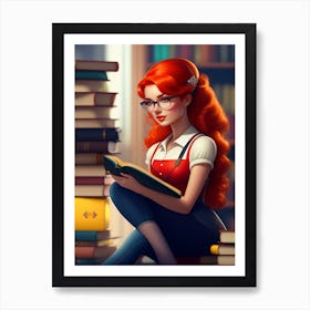 Girl Reading Books Art Print