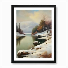 Ancient landscapes, old winter oil paintings and rocks around the lake bank. Snow is falling on the lake, old colors.13 Art Print