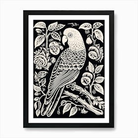 B&W Bird Linocut Parrot 1 Art Print