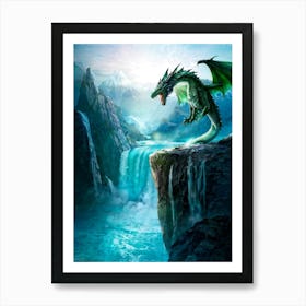 Green Dragon Perched Atop A Jagged Cliff Glacier Blue Ocean Waters Churning Below Cascading Waterf 1 Art Print