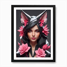 Low Poly Fox Girl,Black And Pink Flowers (4) Art Print