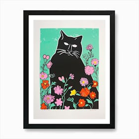 Cute Black Cat With Flowers Illustration 6 Art Print