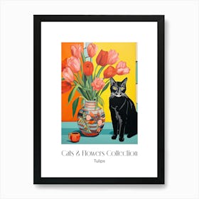 Cats & Flowers Collection Tulip Flower Vase And A Cat, A Painting In The Style Of Matisse 0 Art Print