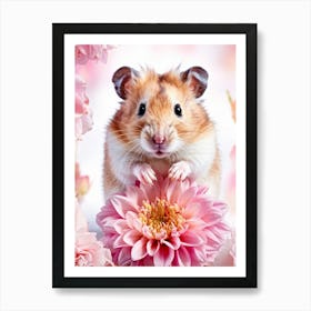 Hamster Clutching A Pink Dahlia Delicate Amber Eyes Magnified Tiny Paws Grasping Soft Petals Infus Art Print