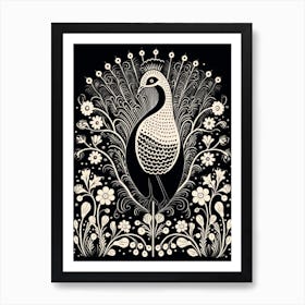 B&W Bird Linocut Peacock 2 Art Print