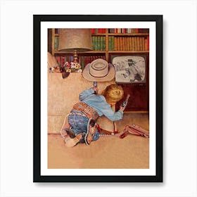 Little Cowboy Having Gunfight With Western TV Show, Funny, Vintage, Western Aesthetic Art Print