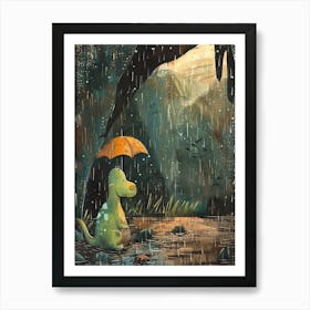 Dinosaur Sheltering From The Rain Storybook Style 1 Art Print