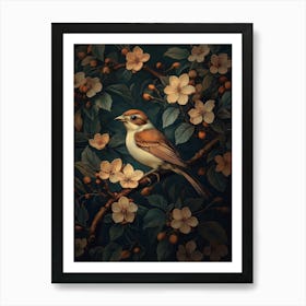Sparrow and Blossoms Wall Art - Elegant Oil Painting Style Artwork for Nature-Inspired and Rustic Decor Art Print