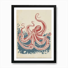 Octopus Red & Blue Silk Screen Inspired 5 Art Print