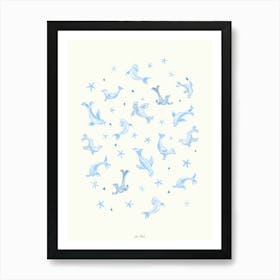 Blue Playful Seals Starfish and Snowflakes Art Print