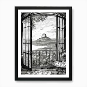 A Window View Of Rio De Janeiro In The Style Of Black And White  Line Art 2 Art Print