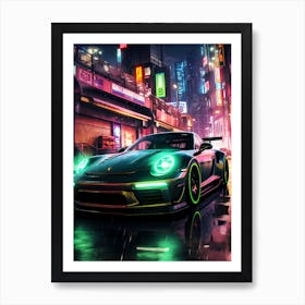 Neon Car At Night Art Print