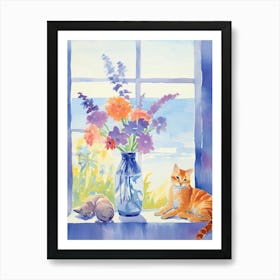 Cat With Floxglove Flowers Watercolor Mothers Day Valentines 3 Art Print