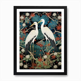 Foliage And Cranes Vintage Japanese Botanical Art Print