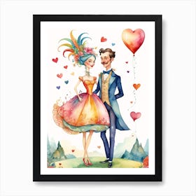 Couple Holding Heart Balloons Valentine's Day water Color caricature , Love Art Print