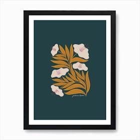 White, Gold And Teal Floral Art Print