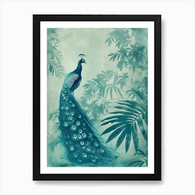 Vintage Peacock With Tropical Leaves Cyanotype Inspired 3 Art Print