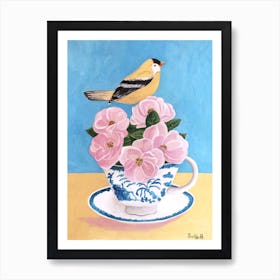 Bird With Pink Flowers And Teacup  Art Print