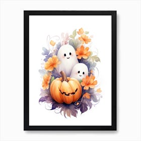 Cute Ghost With Pumpkins Halloween Watercolour 29 Art Print